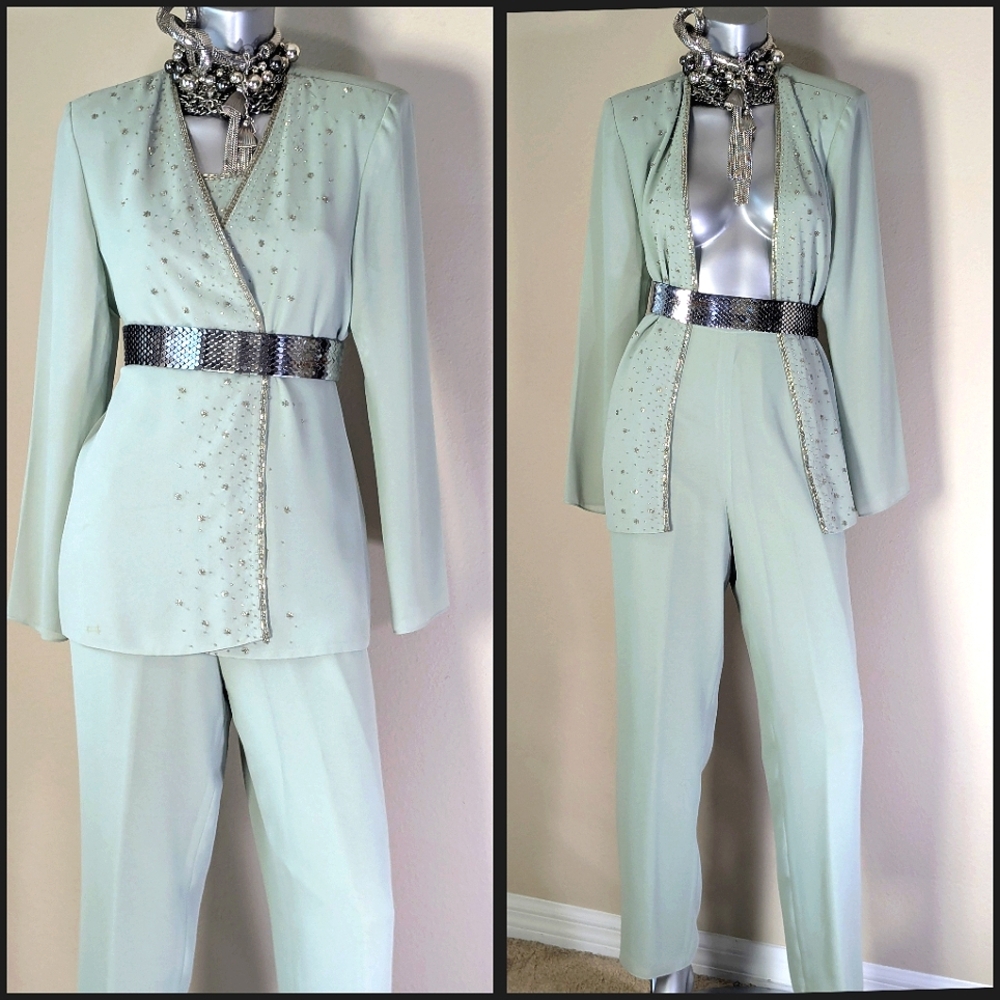 R & M Richards Cocktail Wedding Mother of the Bride Beaded Sequin 3-PC Pantsuit - Picture 8 of 13